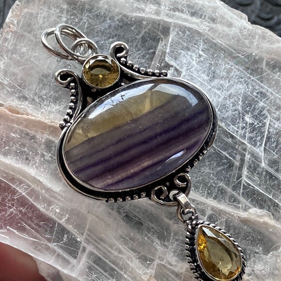 Yellow and Purple Rainbow Fluorite And Citrine Pendant - Picture 1 of 8